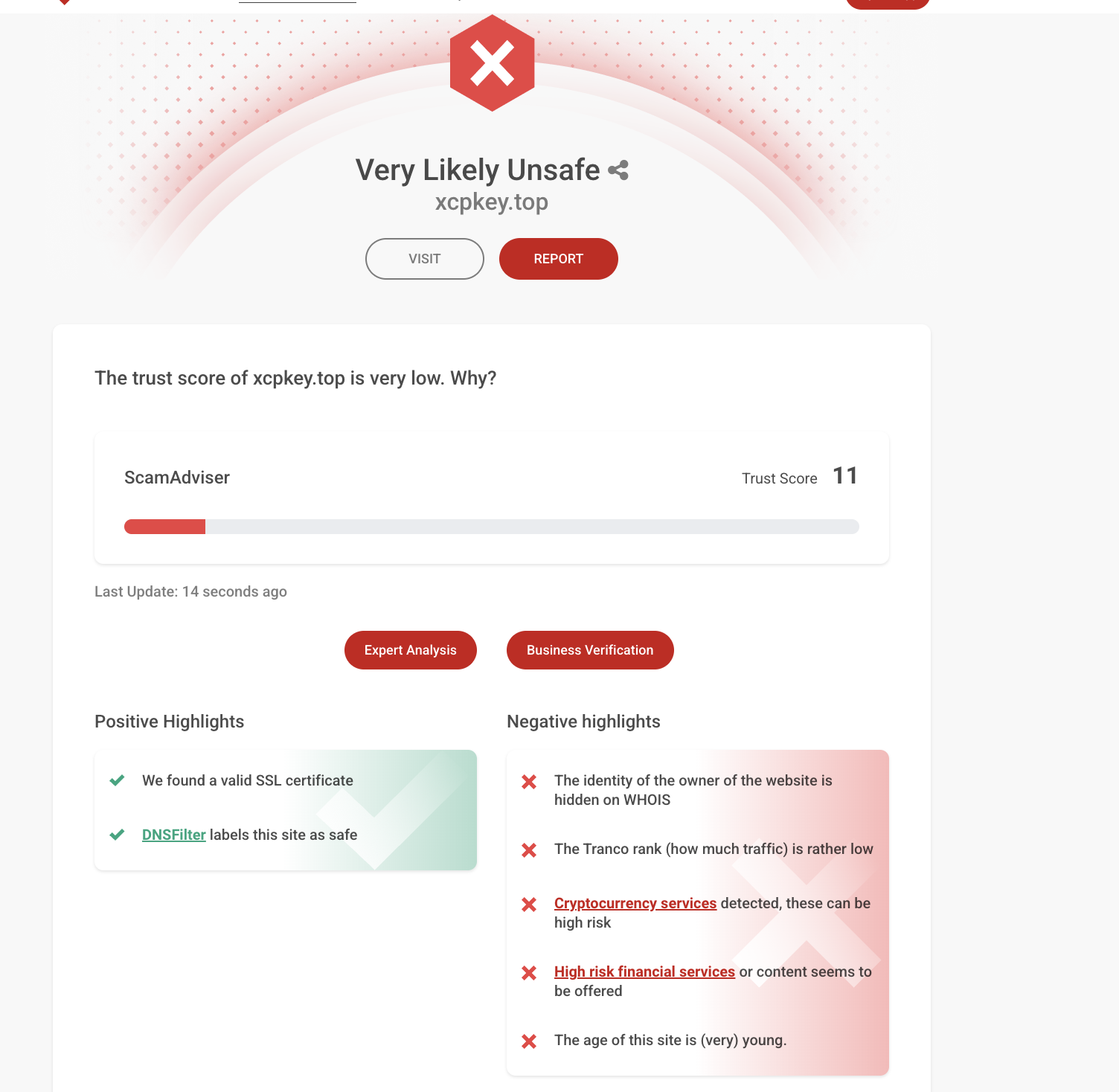 Is xcpkey.top a Scam: ScamAdviser trust score of 11 out of 100, Very Likely Unsafe